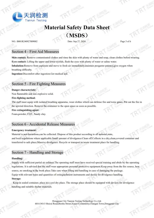 Certificate S3: Material Safety Data Sheet - First Aid, Fire Fighting, Handling & Storage